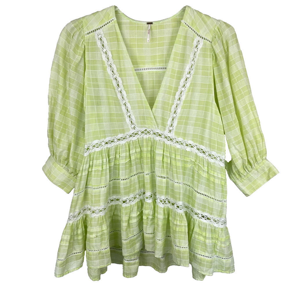 Free People Time Out Tunic Top Size S Lime Green Plaid Crochet Lace Boho Prairie